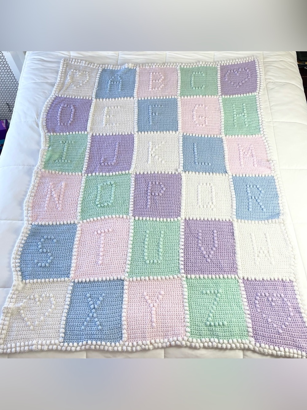 Vintage Pastel Letter Blocks Crochet Nursery Afghan Baby Blanket 42x60"